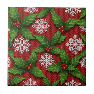 Carreau Motif tricoté de houx et de flocon de neige festif