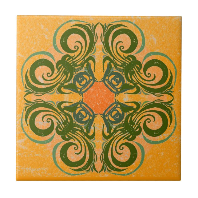Carreau Motif vert et rétros tuiles oranges (Devant)