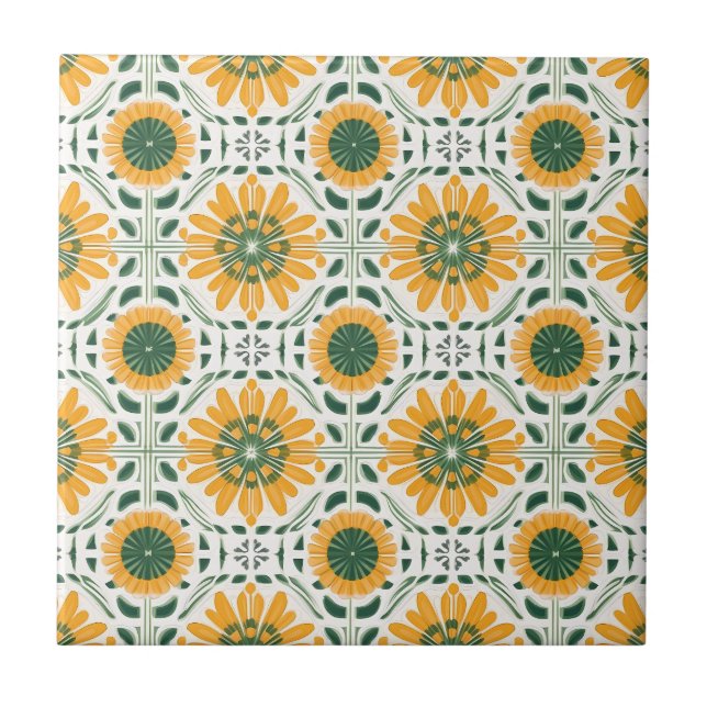 Carreau Motif vert Fleur Jaune Rétro (Devant)