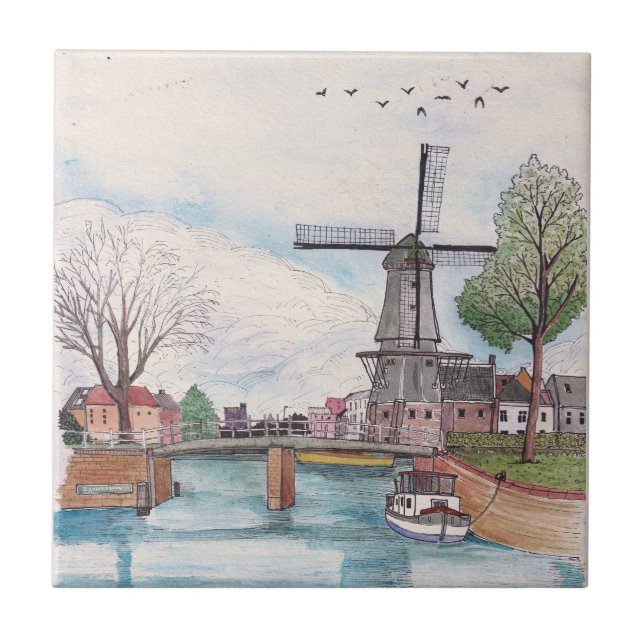 Carreau Moulin De Adriaan Haarlem Pays-Bas Aquarelle (Devant)