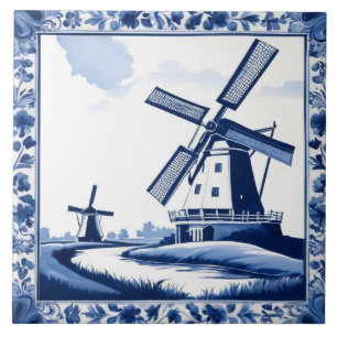 Carreau Moulin traditionnel Hollandais Delft Bleu et Blanc