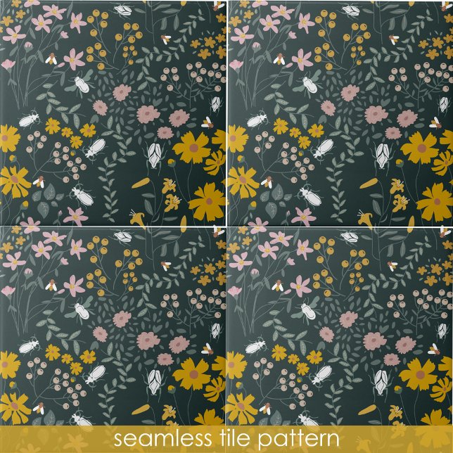 Carreau Moustard Floral Beetles & Bees Fleurs Bohémiennes (Mustard Floral Beetles & Bees Bohemian Wildflowers Ceramic Tile)