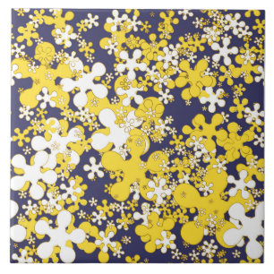 Carreau Moutarde jaune, blanc, or, bleu marine, fleurs