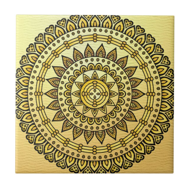 Carreau moutarde jaune motif antique à fleurs dorées (Devant)