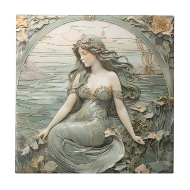 Carreau Mucha inspo Mermaid Art Nouveau Faux Relief L Mint (Devant)