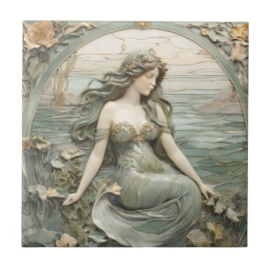 Carreau Mucha inspo Mermaid Art Nouveau Faux Relief R Mint