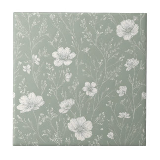Carreau Muted Sage Green And White Wildflower Pattern