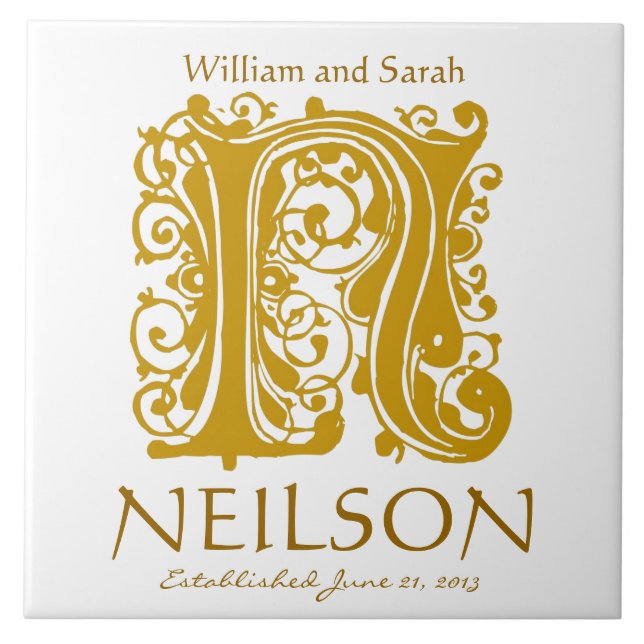 Carreau N Monogramme or en blanc - Noms Mariage Date Tile (Devant)