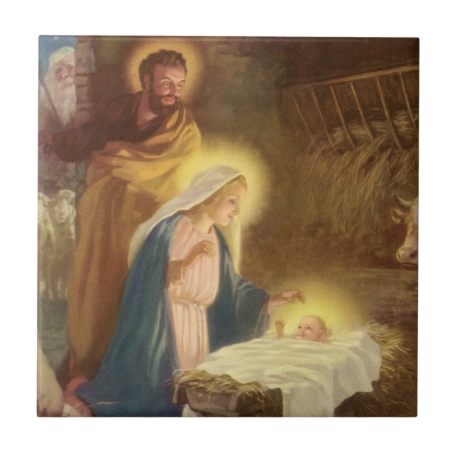 Carreau Nativité de Noël Vintage, Marie Joseph Bébé Jésus (Devant)