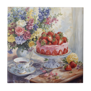 Carreau Nature morte gâteau aux fraises et fleurs à l'aqua