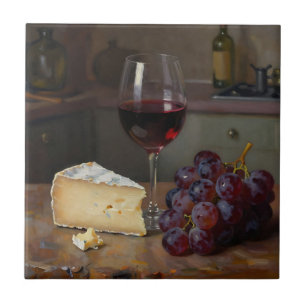 Carreau Nature morte réaliste au vin rouge, fromage et rai