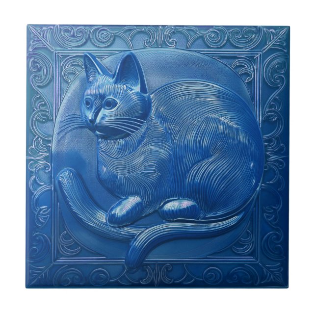 Carreau Navy Blue faux relief Art Nouveau Chat (Devant)