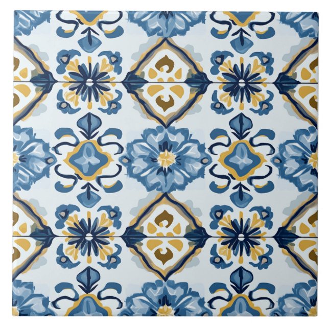 Carreau Navy Blue, Gold and Blue Ceramic Tile (Devant)