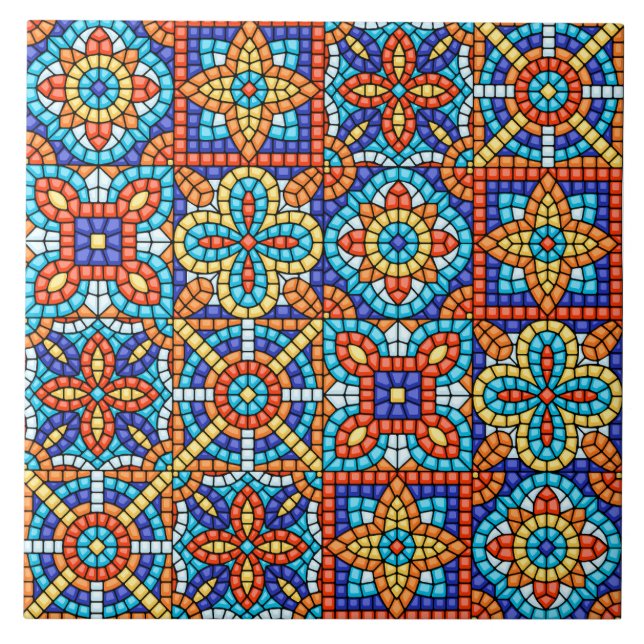 Carreau Navy Blue Teal White Red Marble Moroccan Mosaic  (Devant)