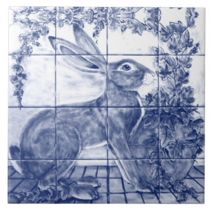 Carreau Navy Blue White Rabbit Hare Ivy Mural