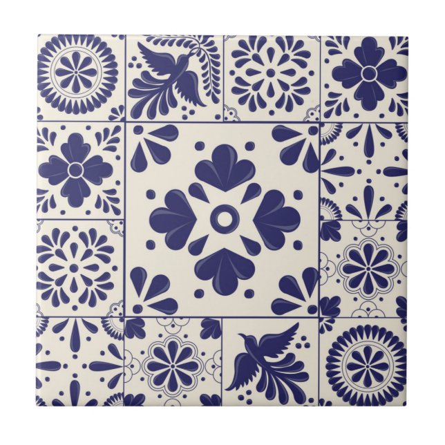 Carreau Nil Bleu Mexicain traditionnel Talavera Floral (Devant)