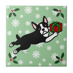 Carreau Noël de Boston Terrier 2 flocons de neige de band