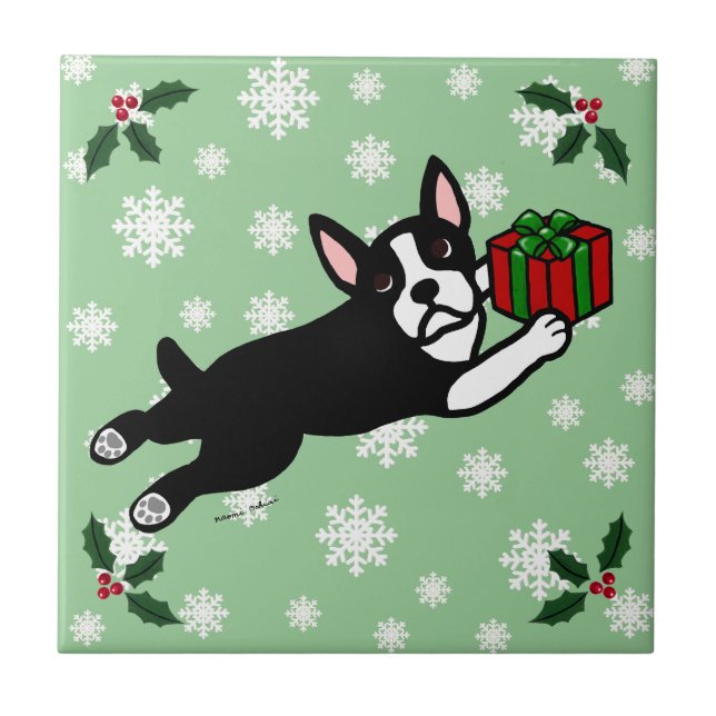 Carreau Noël de Boston Terrier 2 flocons de neige de bande (Devant)