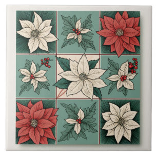 Carreau Noël Poinsettia Rouge Blanc Vert Floral