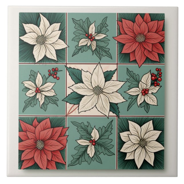 Carreau Noël Poinsettia Rouge Blanc Vert Floral (Devant)