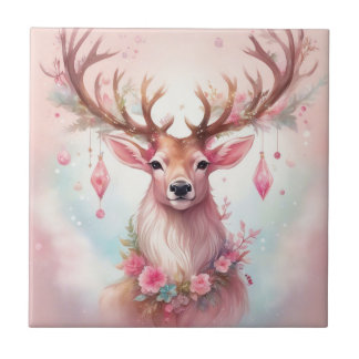 Carreau Noël rose : Renne avec une fleur rose