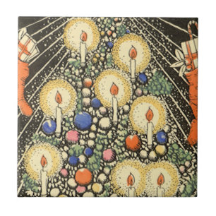 Carreau Noël vintage, arbre avec bougies et une étoile