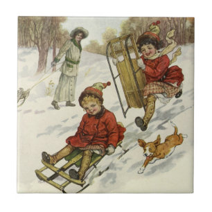 Carreau Noël vintage, enfants victoriens faisant de la lug
