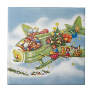 Carreau Noël vintage, le Père Noël vole un avion