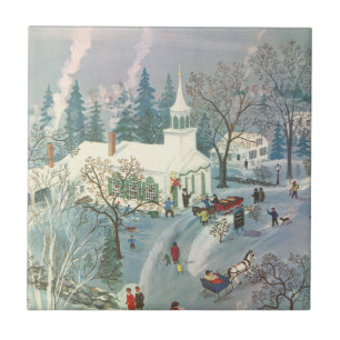 Carreau Noël vintage, Les gens vont à l'église en neige