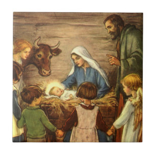 Carreau Noël Vintage, Nativité Religieuse avec Bébé Jésus