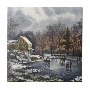 Carreau Noël vintage, Patineurs de début d'hiver sur un ét