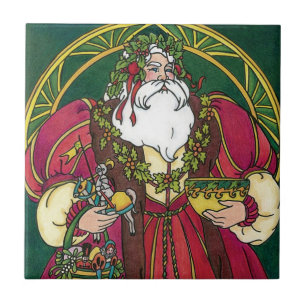 Carreau Noël Vintage, Père Noël avec Feuilles Holly