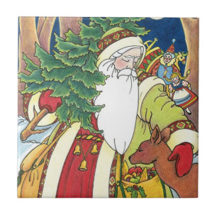 Carreau Noël vintage, Père Noël Cerf dans la forêt