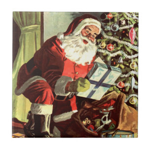 Carreau Noël vintage, Père Noël rétro avec présents