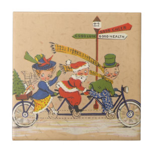 Carreau Noël vintage, Père Noël victorien à vélo