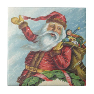 Carreau Noël vintage, Père Noël victorien sur une couronne