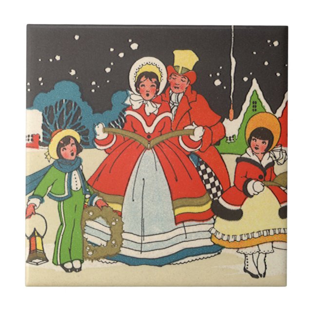 Carreau Noël vintage, une famille chantant des chants de m (Devant)