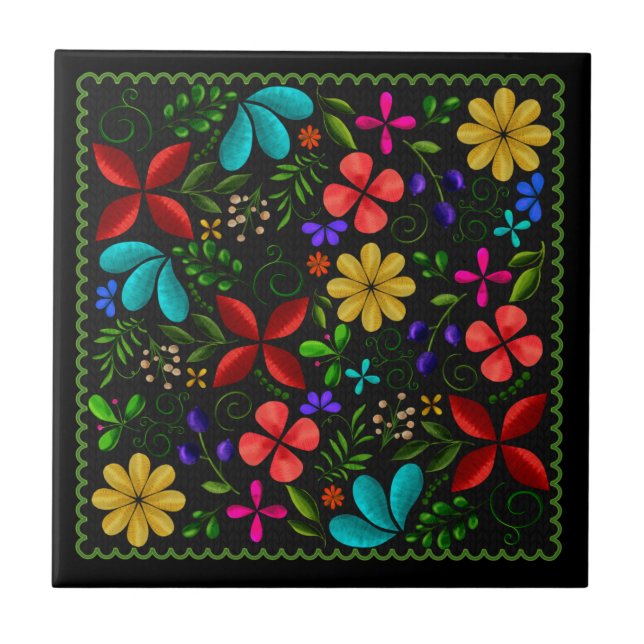 Carreau Noir élégant | Floral folklorique latino-américain (Devant)
