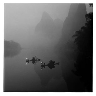 Carreau Noir et blanc, Chine, Li River, pêcheur sur