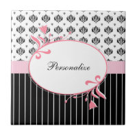 Noir Et Blanc Damas Chic Rose Floral Avec Nom