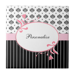 Carreau Noir Et Blanc Damas Chic Rose Floral Avec Nom
