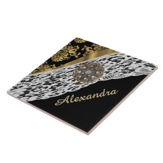 Carreau Noir et cristal blanc de dentelle de damassé d'or