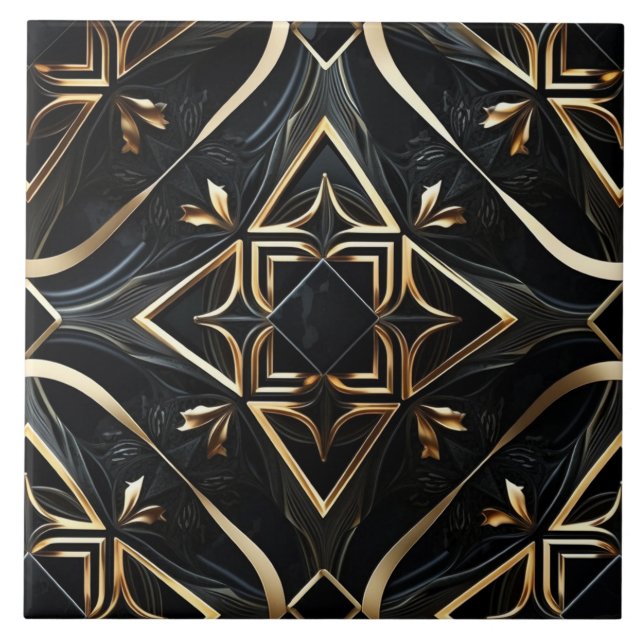 Carreau Noir et or Abstrait - Art géométrique moderne (Devant)