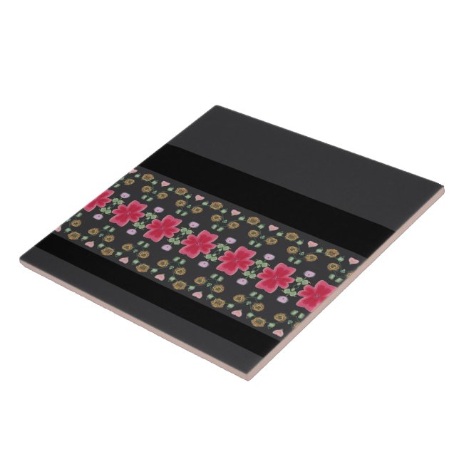 Carreau Noir Gris Foncé Avec Floral Rose Fuchsia (Côté)