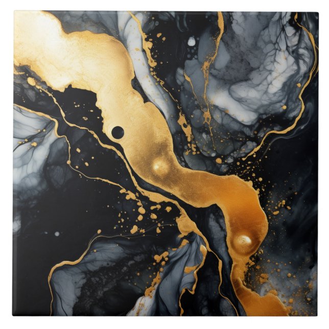 Carreau Noir Marbre d'or Encre d'alcool Abstrait (Devant)