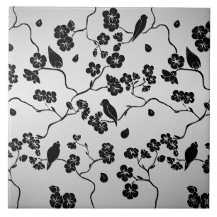 Carreau Noir sur les oiseaux Motifs en argent et fleurs de