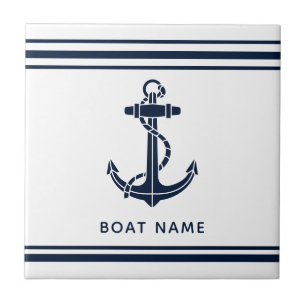 Carreau Nom de bateau personnalisé ancre bleue marine naut