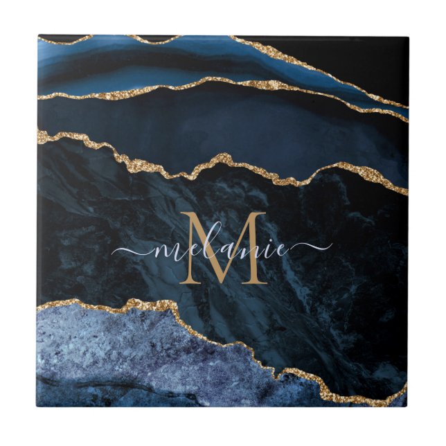 Carreau Nom du monogramme Agate Marine Bleu Gold Gemstone  (Devant)