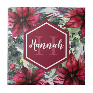 Carreau Nom du monogramme personnalisé Poinsettia rouge