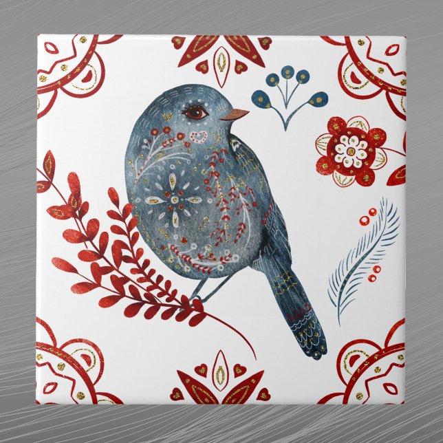Carreau Nordique Bleu Songbird Aquarelle Art folklorique (Créateur téléchargé)